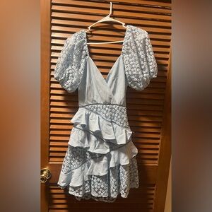 M- Light Blue Floral Ruffle Dress with Puff Sleeves